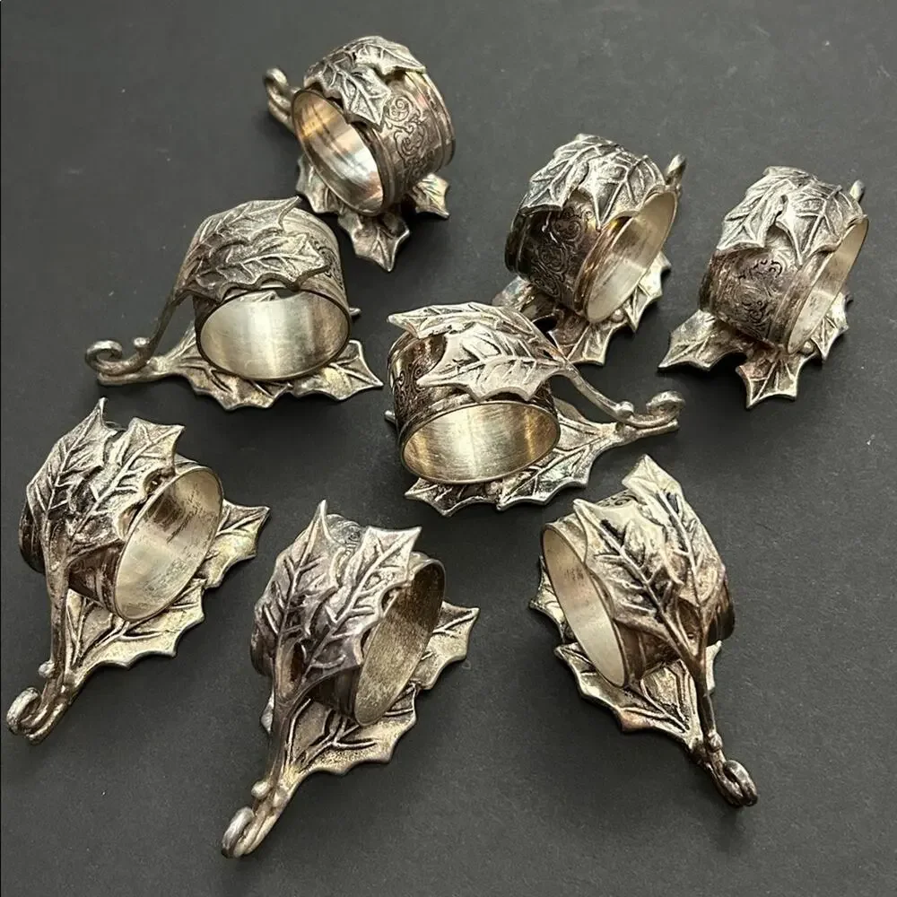 Vintage Antiqued Silver Tone Holly Leaf Napkin Rings with Etching, Set of 8